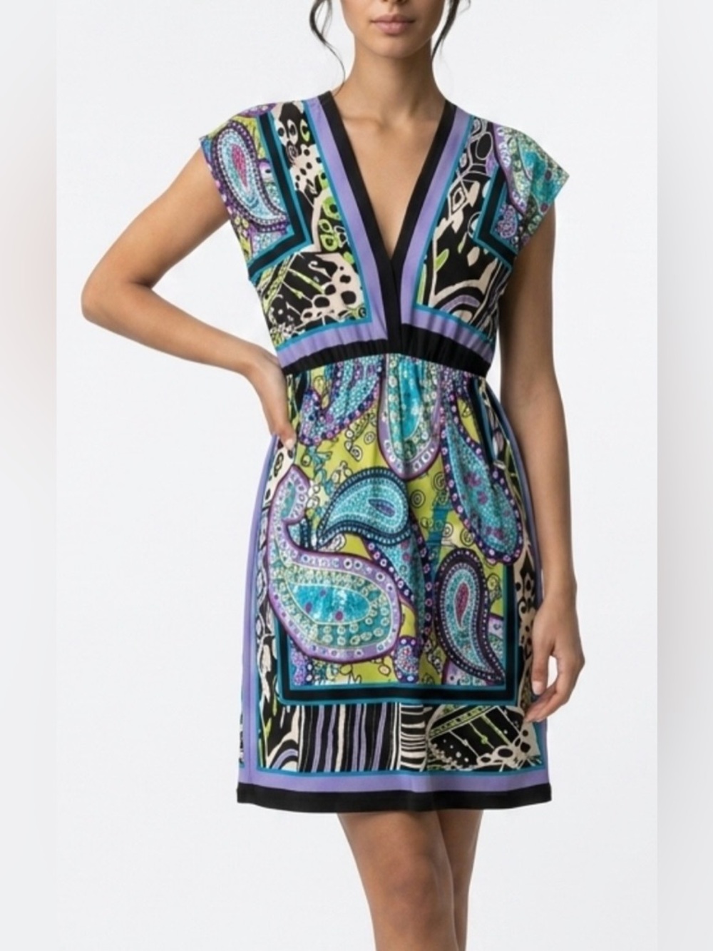 Snap V-Neck Paisley Mini Dress in Teal, Purple & Lime